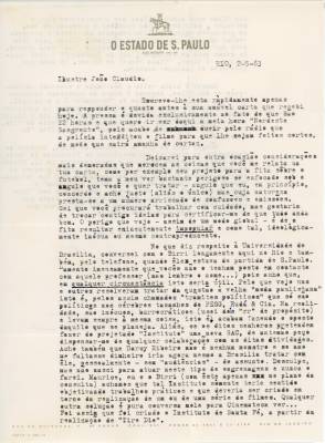Carta de Vladimir Herzog para Jean-Claude Bernardet, 2 maio 1963